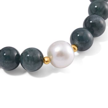 Wei&szlig;e Edison Perle (10-12 mm), Nat&uuml;rlicher Olmek Jadeit Armband, Flexibles, 925 Silber vergoldet