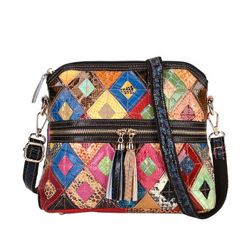 Chaos by Elsie Echte Leder Umh&auml;ngetasche mit Quaste und RFID-Schutz,, 25 x 10 x 22 cm, Rautenmuster