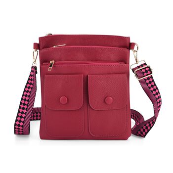 Umh&auml;ngetasche aus feinem Lederimitat mit mehreren Taschen, 120cm Trageriemen, 24x27cm, Rosenrot