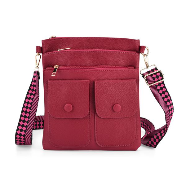 Umh&auml;ngetasche aus feinem Lederimitat mit mehreren Taschen, 120cm Trageriemen, 24x27cm, Rosenrot