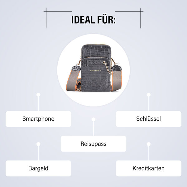 PASSAGE Crossbody Tasche aus PU-Lackleder mit Krokopr&auml;gung und RFID-Schutz, 18x7x11 cm, Dunkelgrau image number 4