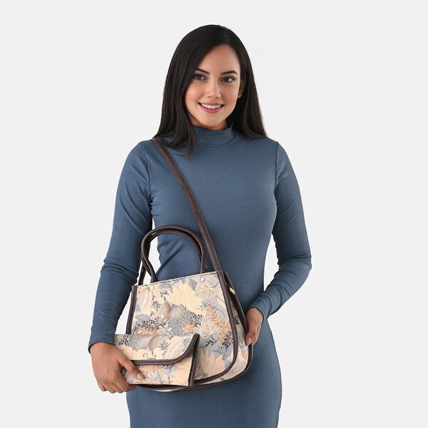 2er Set - Handtasche und Geldbörse, Baumwolle, Grau Floral image number 2