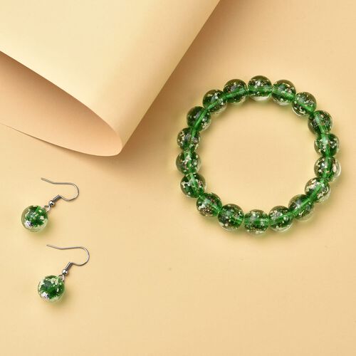 2er Set - Murano-Glasperlen Design, flexibles Armband und Ohrringe, Reiner Edelstahl, Grün image number 1