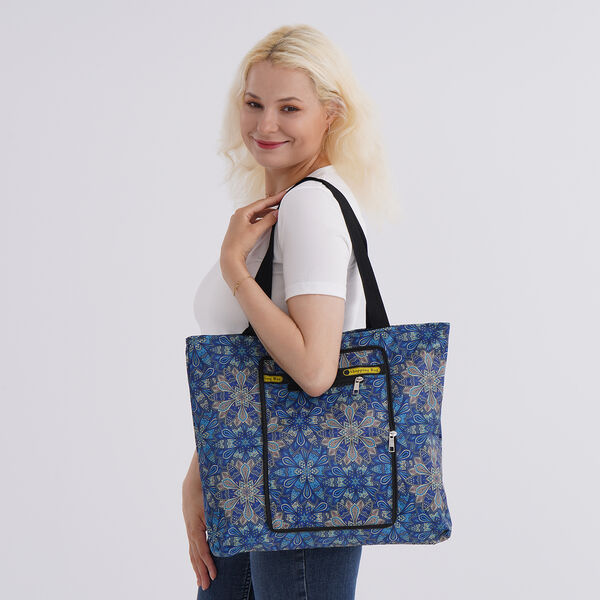 Faltbare Einkaufstasche aus wasserabweisendem Polyester, Blumenmuster, 40x43 cm, Tragegriffe 22 cm, Blau image number 1