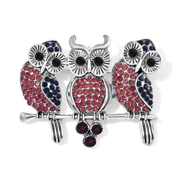 Mehrfarbige Kristall-Eulen-Brosche, antik-silber plattiert