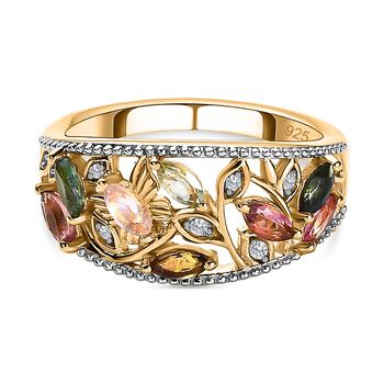 Mehrfarbiger Turmalin, Wei&szlig;er Zirkon Ring, 925 Silber Gelbgold Vermeil, (Gr&ouml;&szlig;e 17.00) ca. 1.06 ct
