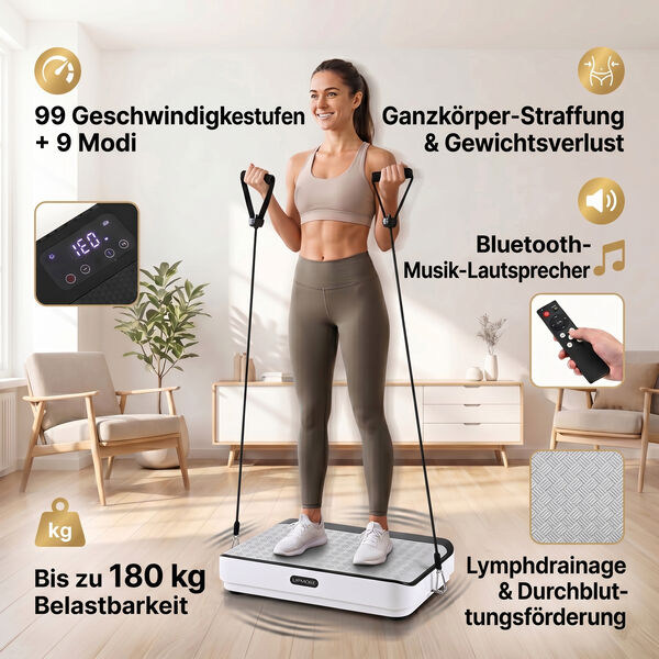 LIVMORE Vibrationsplatte Trainingsger&auml;t mit Fernbedienung, LED Display, Wei&szlig; image number 5