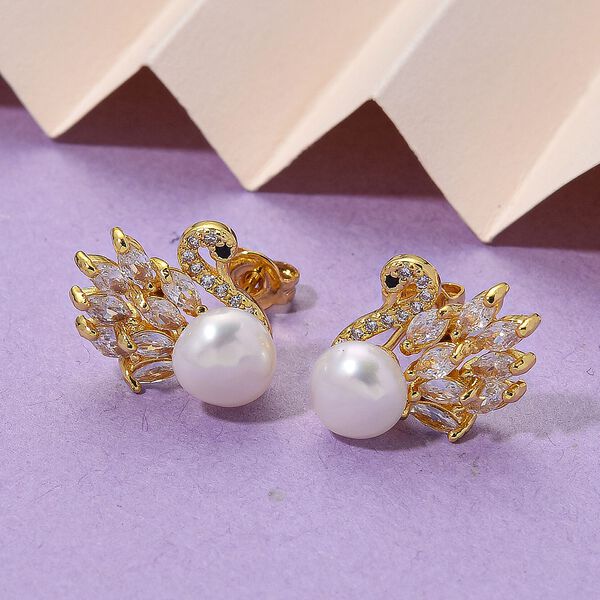 Wei&szlig;e S&uuml;&szlig;wasser Perle, Wei&szlig;er Zirkonia Ohrringe, Nickelfreies Messing image number 2