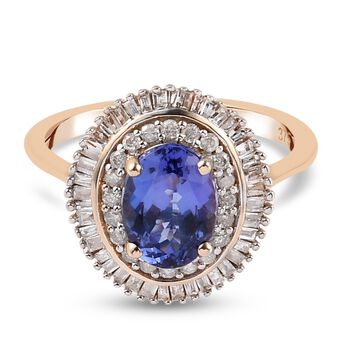 AA Tansanit und Diamant-Halo-Ring, 375 Gelbgold (Gr&ouml;&szlig;e 16.00) ca. 1,51 ct