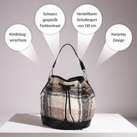 Beuteltasche aus Teddyfell, Karomuster, schwarz