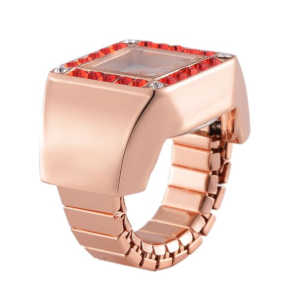 STRADA - Ringuhr mit rubinrotem Kristall, Weißkristall, Japanischem Uhrwerk und Roséfarben, 7.5 cm, Reiner Edelstahl image number 3