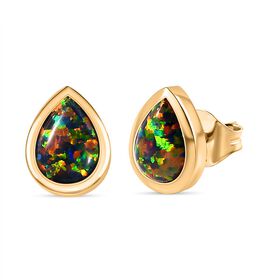 Labor erstellt schwarzen Opal Ohrringe 925 Silber 750 Gelbgold Vermeil ca. 1,09 ct.