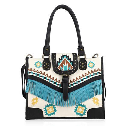 Handgefertigte Umh&auml;ngetasche aus Echtleder mit Stickerei, Fransen und geometrischem Muster, Magnetverschluss, 28x24x18cm, Wei&szlig;
