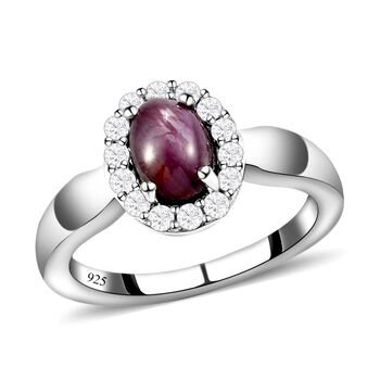 Sternrubin und wei&szlig;er Zirkon-Ring, 925 Silber platiniert (Gr&ouml;&szlig;e 16.00) ca. 1,86 ct