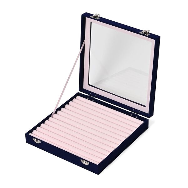 Quadratische Ringbox aus Samt mit Glasfenster und 10 Silberputztüchern, 24x24x5 cm, Dunkelblau image number 4