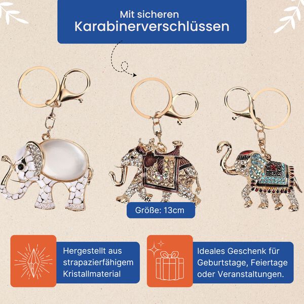 3er-Set - Mehrfarbiger Kristall-Schlüsselanhänger, Elefant image number 2