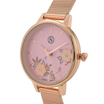 STRADA Uhr mit Japanischem PC21S Werk, Edelstahl-Mesharmband, florales Zifferblatt Rosa mit Wei&szlig;em Kristall, Ros&eacute;vergoldet