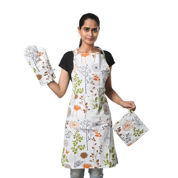 100% Baumwolle K&uuml;che Set, Sch&uuml;rze, Handschuh, Topflappen, Blumen Mehrfarbig, 3 tlg. image number 2