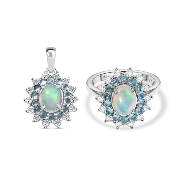 AA äthiopischer Welo Opal, blauer Apatit und Zirkon Ring und Anhänger image number 0