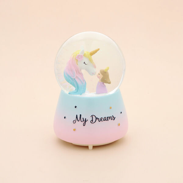 Schneekugel Musik und Licht, 15x10 cm, M&auml;dchen und Einhorn