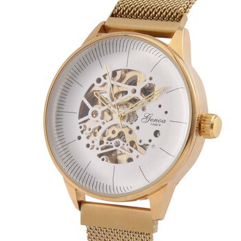 GENOA Automatik Mechanische Uhr mit Wei&szlig;em Sonnenschein-Hohlzifferblatt und Modernem Minimalistischem Runddesign, goldfarben