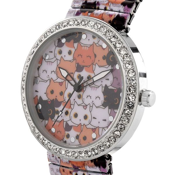 STRADA - Armbanduhr mit Katzengesichtmotiv, Kristall-Lünette, Japanisches Uhrwerk, Edelstahlzugband, Reiner Edelstahl image number 3