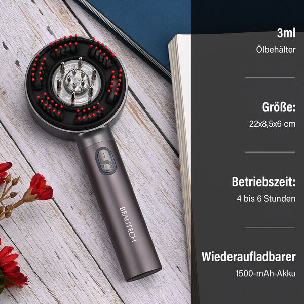 BEAUTECH Kopfhaut-Massageb&uuml;rste mit rotem Therapielicht und 3 Massagestufen, 22x8,5x6 cm, Silber image number 4