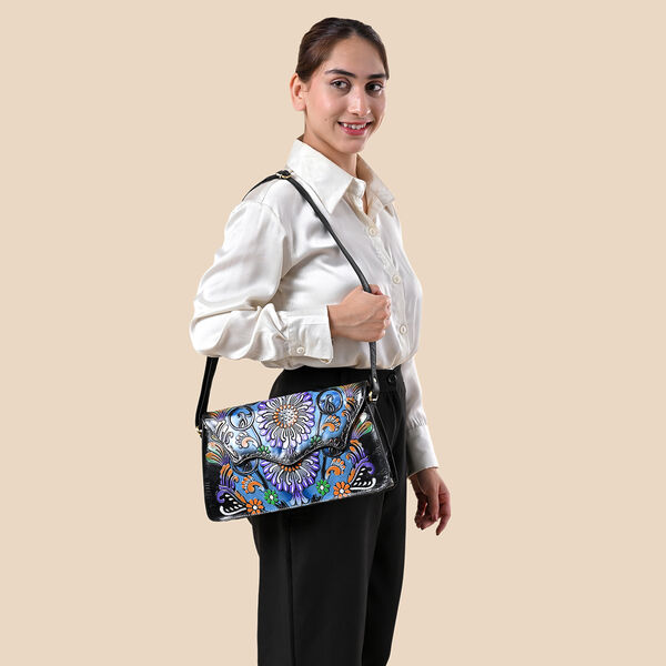 SUKRITI handbemalte Echtleder Tasche mit Pr&auml;gung 32 x 6 x 19 cm, Schwarz image number 2