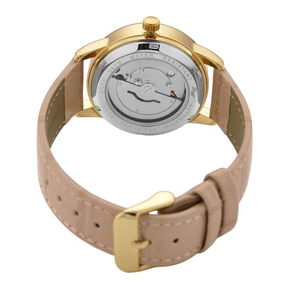 GENOA - Automatik-Armbanduhr mit Herz-Design und Datumsanzeige, Dandong-Uhrwerk, Wei&szlig;es Zifferblatt, Goldfarben, Helltaupes Lederarmband, 36 mm image number 7