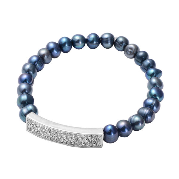 Süßwasser-Pfau-Perlen- und weißes Kristall-Armband, ca. 18 cm, Messing image number 0