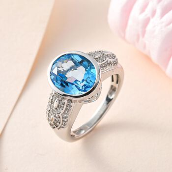 Elektrischer Blau Topas, wei&szlig;er Zirkon Ring, 925 Silber platiniert (Gr&ouml;&szlig;e 20.00) ca. 5.00 ct