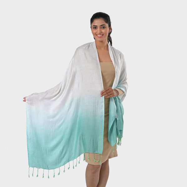 Maxikleid aus Viskose-Crepe mit Lurex Ombre-Schal mit Quasten aus Poly-Seide-Modal und Crossbody Tasche Mintgr&uuml;n image number 9