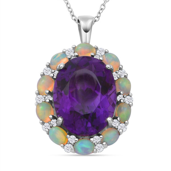 Lusaka Amethyst und nat&uuml;rlicher, &auml;thiopischer Opal-Anh&auml;nger mit Kette, ca. 45 cm, 925 Silber platiniert ca. 9,37 ct