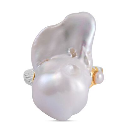 Wei&szlig;e Barockperle, Wei&szlig;e S&uuml;&szlig;wasser Perle Ring, 925 Silber Zweifarbig, (Gr&ouml;&szlig;e 20.00)