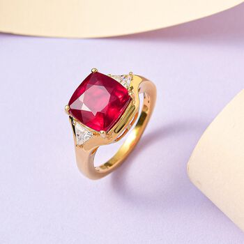 Afrikanischer Rubin (Fissure gef&uuml;llt), Moissanit Ring, 925 Silber Gelbgold Vermeil (Gr&ouml;&szlig;e 21.00) ca. 6,94 ct