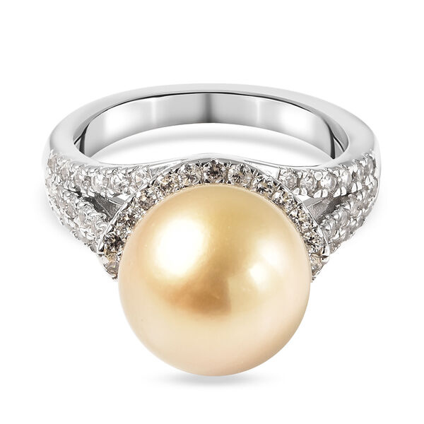 Goldene S&uuml;dsee Perle und Zirkon Ring 925 Silber Rhodium-&Uuml;berzug