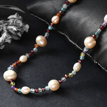 Mehrfarbige S&uuml;&szlig;wasser Perle und Multi Edelstein Halskette, 60+5cm