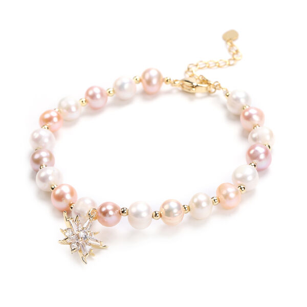 Mehrfarbiges S&uuml;&szlig;wasserzuchtperlen-Armband mit Sternen-Charm, ca. 19 cm lang, Messing image number 3