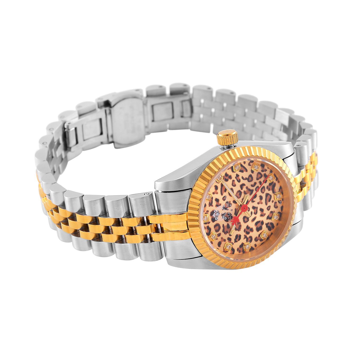 William Hunt Moissanit Uhr Bicolor Edelstahlarmband mit Ronda 763 Swiss Movement und gelbem Leoparden Zifferblatt