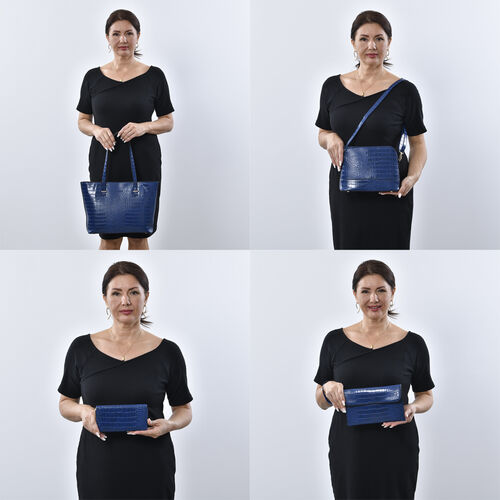 PASSAGE 4er-Set, Crossbody-Tasche, Portemonnaie, Schultertasche und Clutch mit Kroko-Prägung, Marineblau image number 1