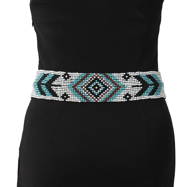 Handgefertigter, dehnbarer Perleng&uuml;rtel mit Holzschnalle im Santa-Fe Stil, geometrisches Muster, Schwarz/wei&szlig;/braun image number 1