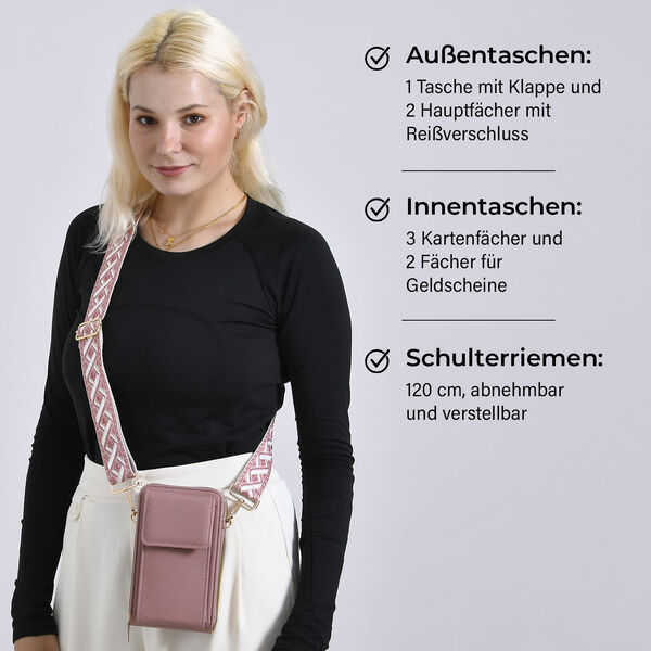 Crossbody-Handytasche mit RFID-Schutz und gemustertem Trageriemen, 19x6x11 cm, Rosa image number 3