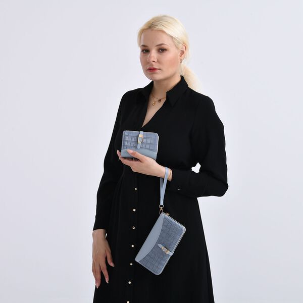 2-teiliges Geldbörsen-Set im Krokoprägungs-Design, Lange Geldbörse 20x10x3 cm und Bifold-Geldbörse 12x9x3,5 cm, Blau image number 2