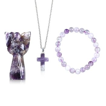 3er-Set aus Amethyst: Schutzengel (7.6 cm), Armband mit 8 mm Perlen und Kreuzanh&auml;nger (2.5 cm), handgefertigt, Lila-Schimmernd