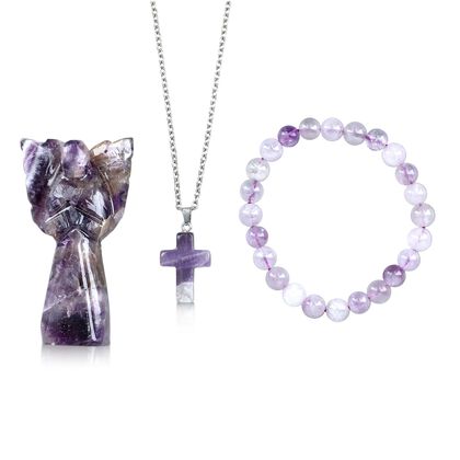 3er-Set aus Amethyst: Schutzengel (7.6 cm), Armband mit 8 mm Perlen und Kreuzanh&auml;nger (2.5 cm), handgefertigt, Lila-Schimmernd