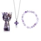 3er-Set aus Amethyst: Schutzengel (7.6 cm), Armband mit 8 mm Perlen und Kreuzanhänger (2.5 cm), handgefertigt, Lila-Schimmernd