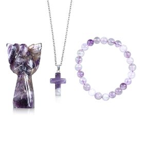 3er-Set aus Amethyst: Schutzengel (7.6 cm), Armband mit 8 mm Perlen und Kreuzanhänger (2.5 cm), handgefertigt, Lila-Schimmernd