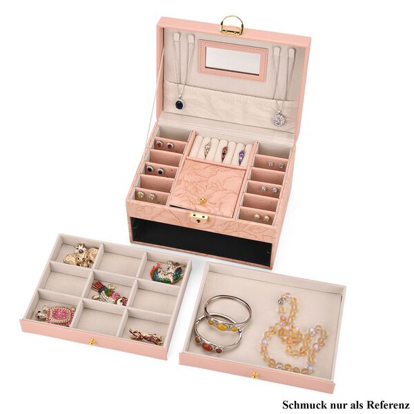 3-lagige PU Schmuckk&auml;stchen mit gepr&auml;gtem Blumenmuster, 22x17x13 cm, Rosa image number 6