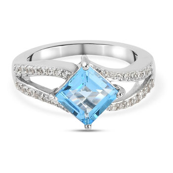 Schweizer Blautopas und Zirkon-Ring, 925 Silber platiniert (Gr&ouml;&szlig;e 16.00) ca. 2,54 ct