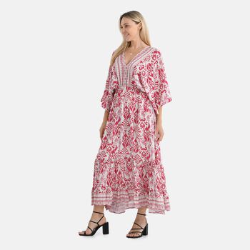 Maxikleid mit Boho-Muster, V-Ausschnitt, elastischer Taille und R&uuml;ckenschleife, 38&times;135 cm, Rosa